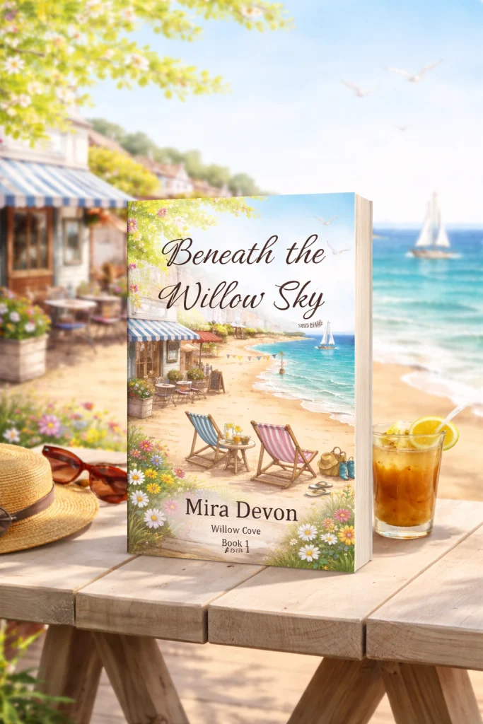 Paperback copy of “Beneath the Willow Sky” by Mira Devon displayed on a wooden table by the sea, with a sunny coastal café, beach chairs, sailboat, straw hat, sunglasses, and iced tea creating a warm small-town seaside atmosphere.