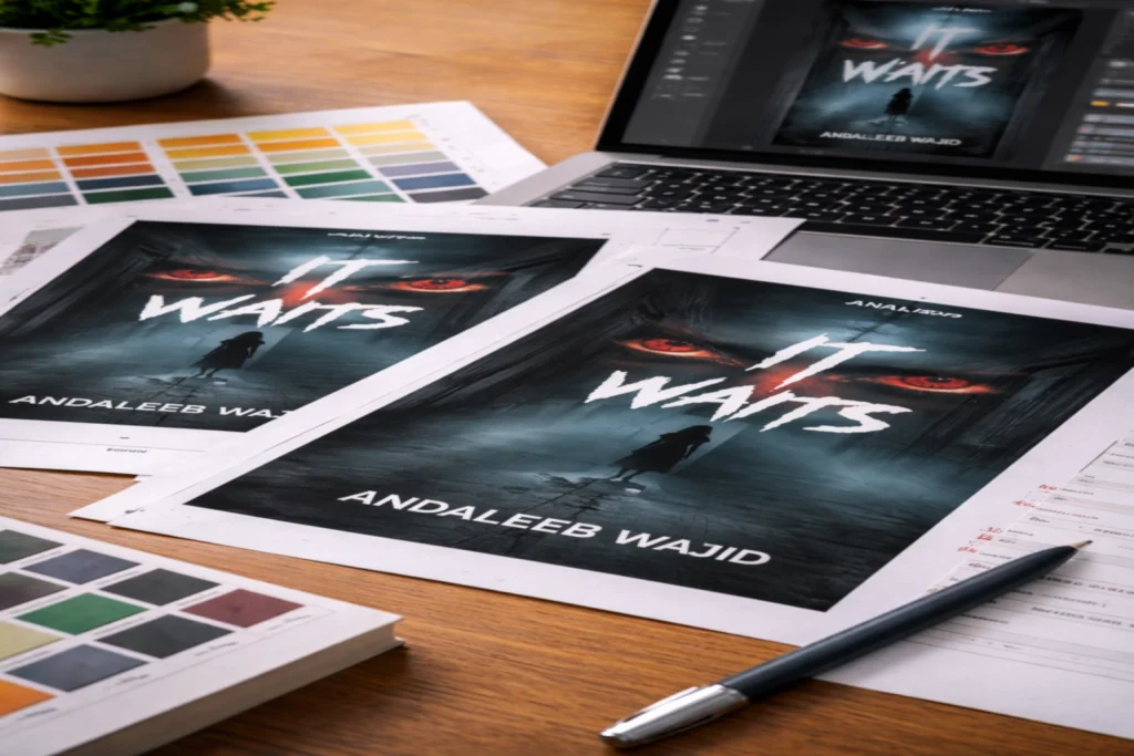 Printed and digital cover design proofs of the thriller novel It Waits by Andaleeb Wajid displayed on a designer’s desk, illustrating the book cover design process.