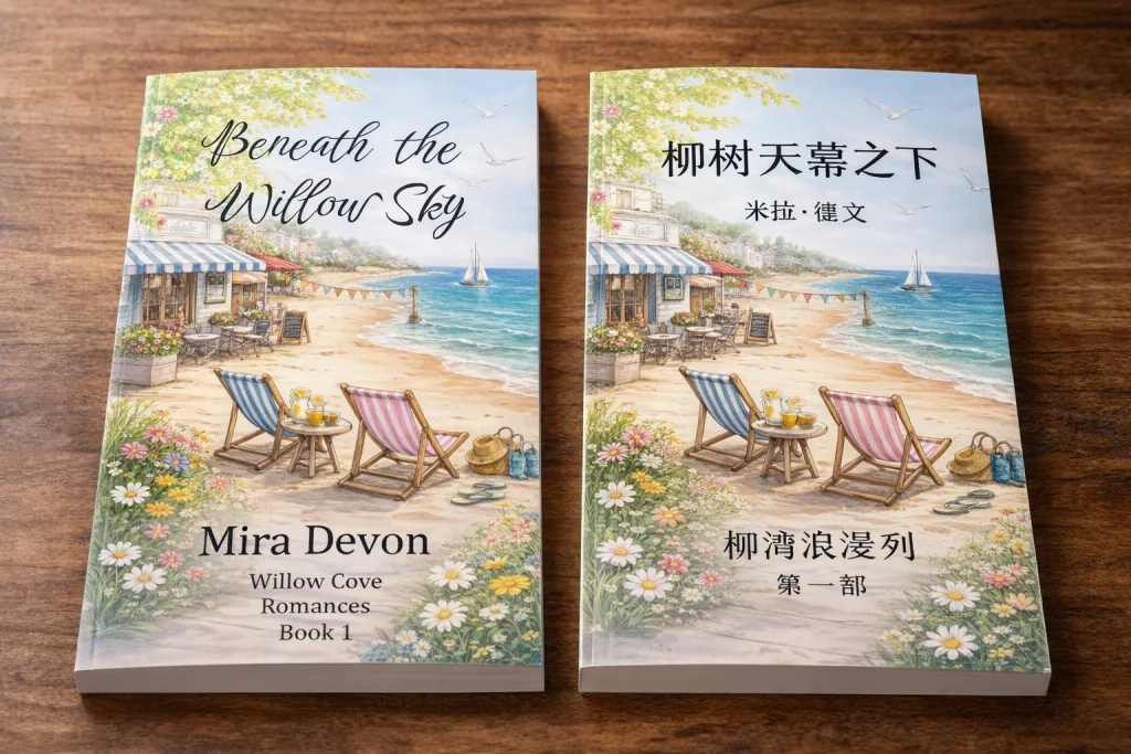 English and Chinese paperback editions of the novel “Beneath the Willow Sky” displayed side by side, illustrating book translation for global publishing.