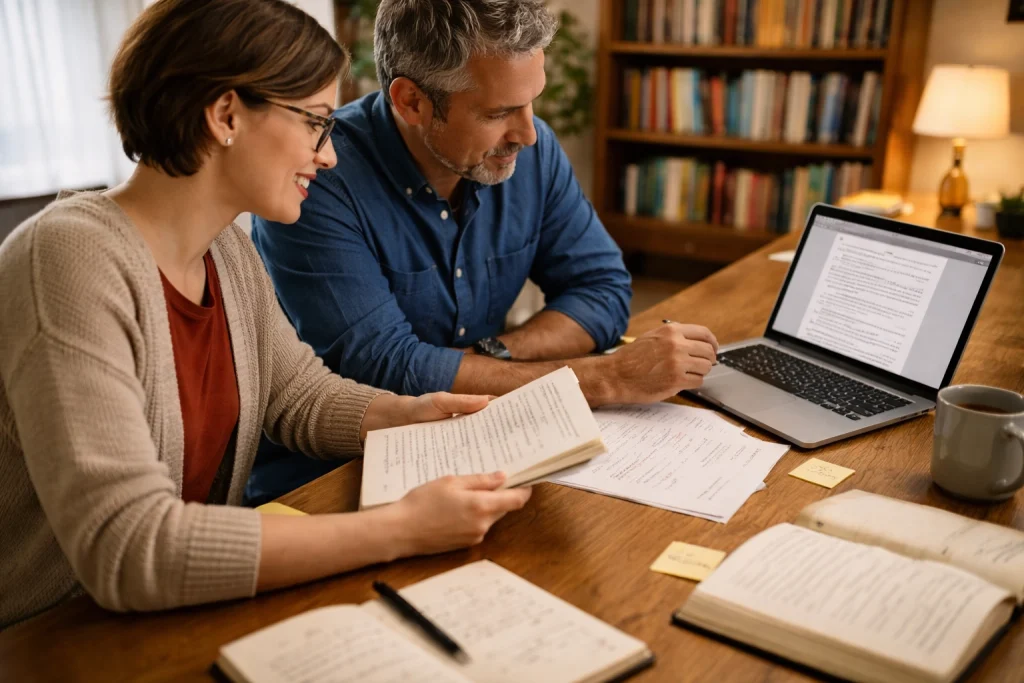 An editor and an author reviewing a manuscript together at a desk, discussing revisions on a laptop in a warm, professional workspace.