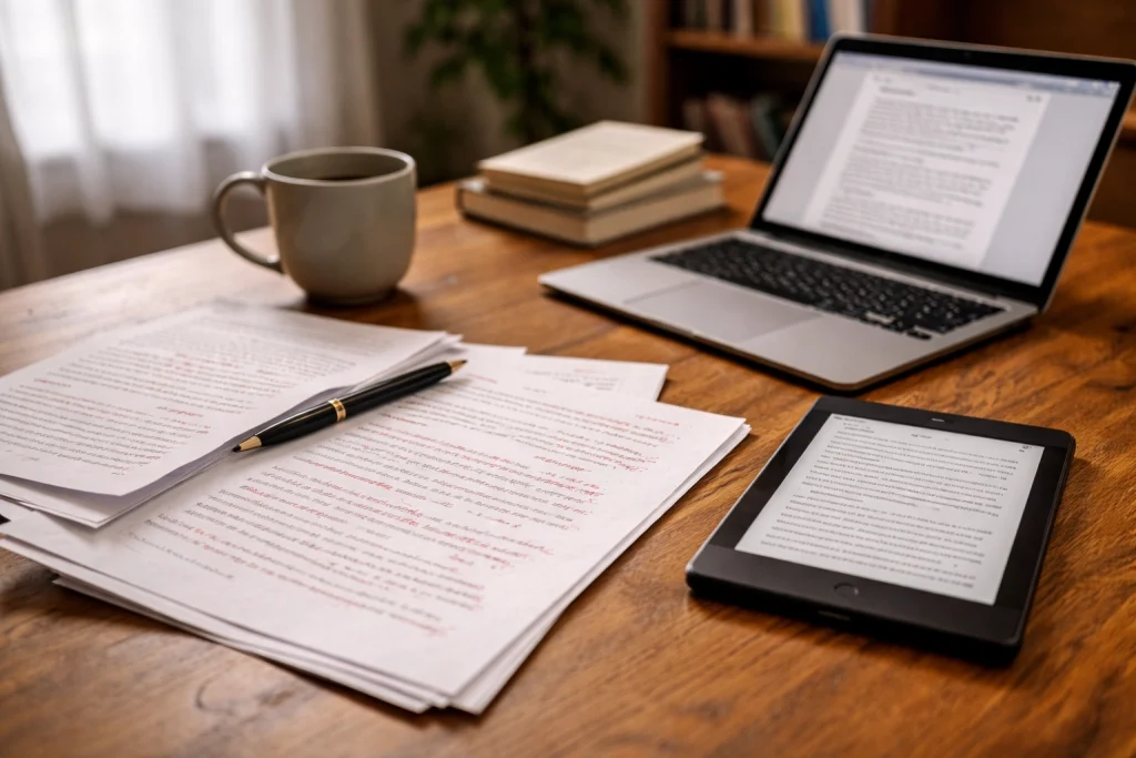 Publishing workspace with annotated manuscript pages, an e-book reader, and a laptop, representing the e-book publishing process.