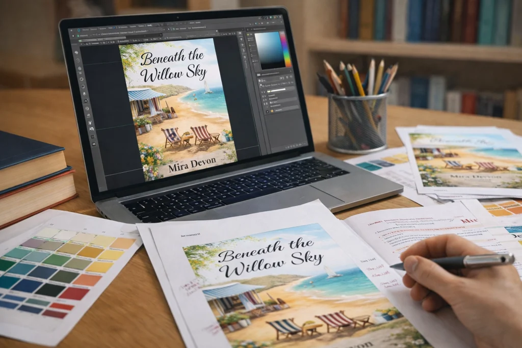 Book cover design process showing a designer refining a coastal romance novel cover on a laptop, with printed proofs, color swatches, and layout notes on a desk.