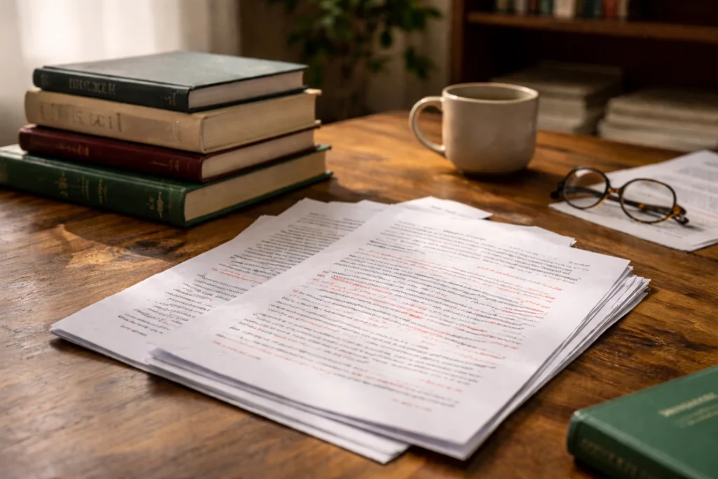 Editorial workspace with printed manuscripts and reference books, representing PPS Publish’s foundation in professional language and publishing services.