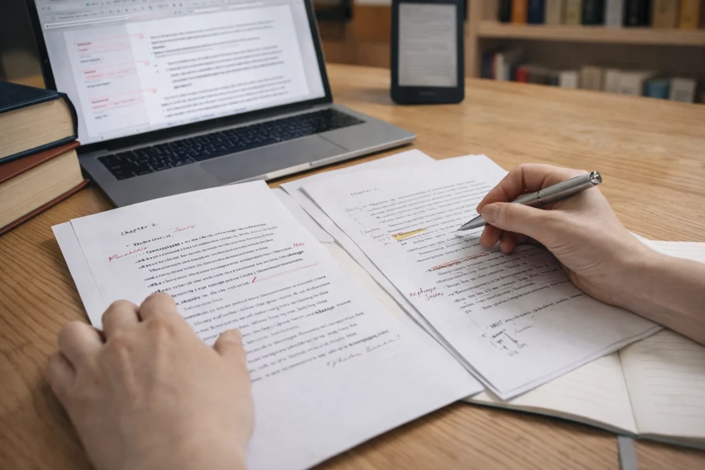 An editor reviewing a manuscript with printed pages, handwritten notes, and a laptop displaying document edits on a wooden desk.