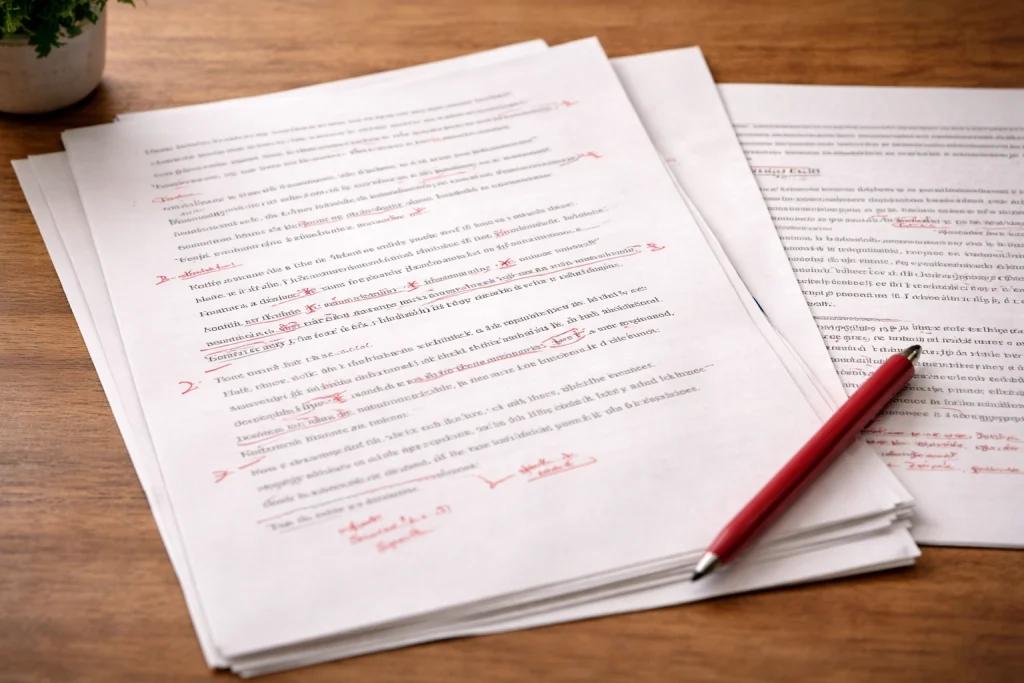 Professionally reviewed manuscript pages with editorial annotations, reflecting meticulous proofreading and editing standards.