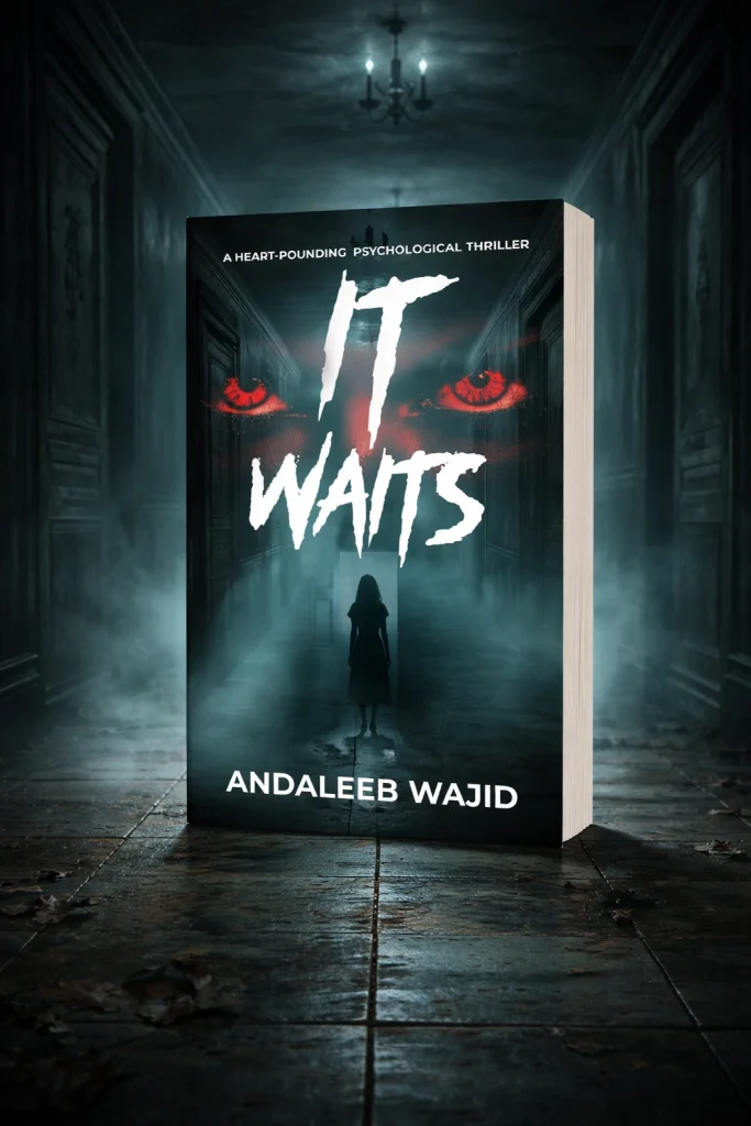 Cover image of the psychological thriller “It Waits” by Andaleeb Wajid, showing a dark hallway with a silhouetted woman standing beneath dim light, red eyes emerging from the darkness, and a tense, eerie atmosphere.