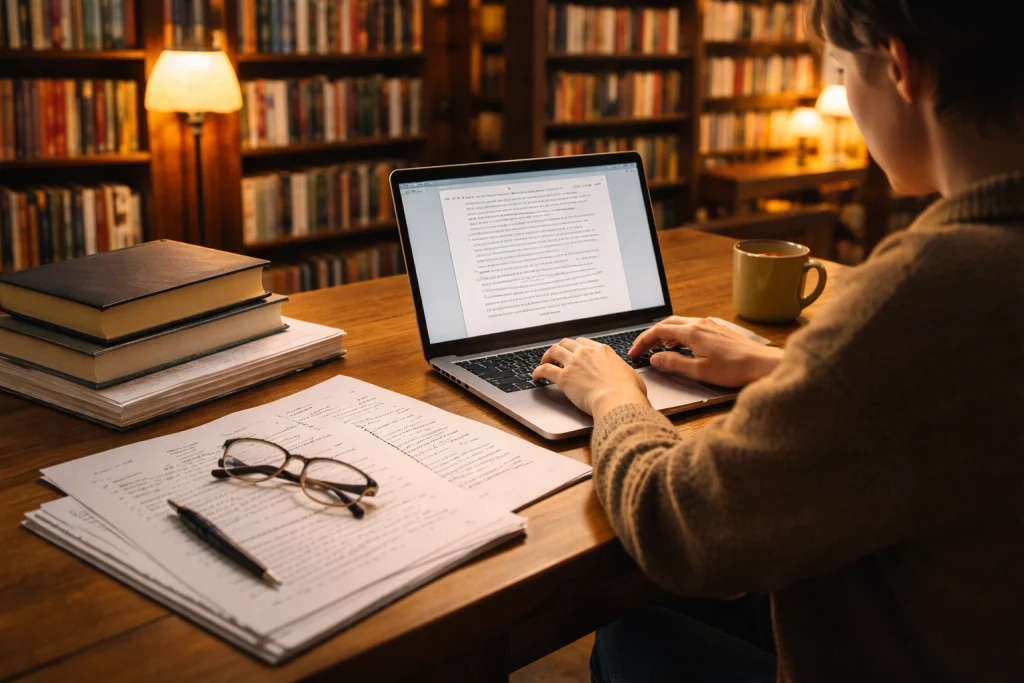 An author working late in a cozy bookstore, typing on a laptop surrounded by books, manuscript pages, and a coffee mug under warm lighting.