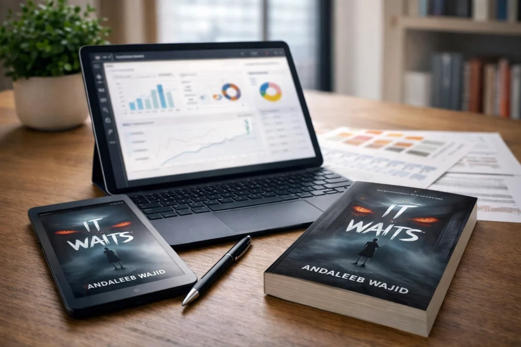 Post-publishing workspace showing a paperback and e-book edition of “It Waits” alongside sales analytics and publishing performance reports.