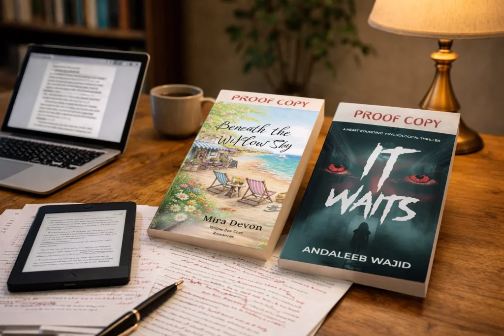 A publishing workspace showing a manuscript and print proof, illustrating PPS Publish’s transition from digital files to printed books.