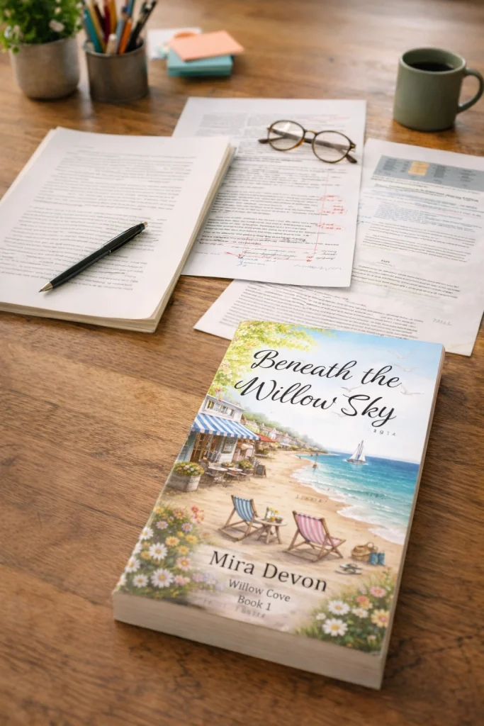 A publishing workspace with annotated manuscript pages, editorial notes, and the printed novel Beneath the Willow Sky by Mira Devon on a wooden desk.