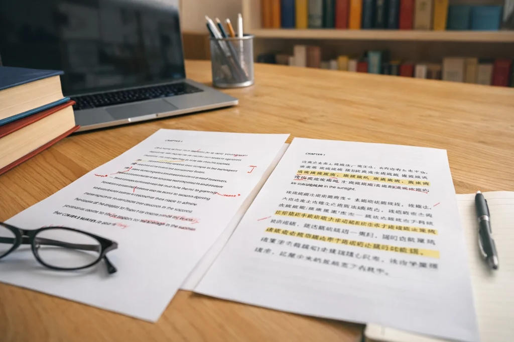 Publishing translation workspace with manuscripts and books, representing professional literary translation services.