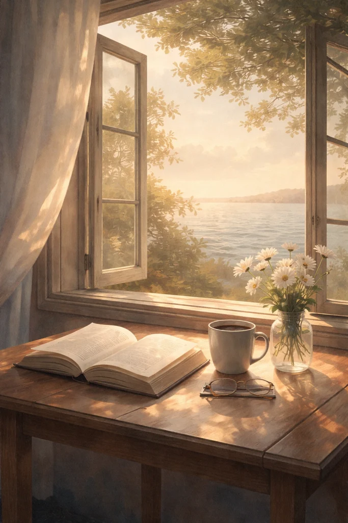 Sunlit wooden table by an open window overlooking the sea, with an open book, a coffee mug, reading glasses, and a small vase of flowers.